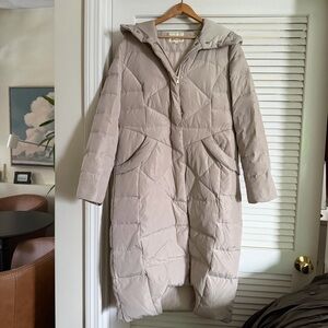Orolay Long Quilted Hooded Puffer Coat in color: Tofu. Sz M. Duck down.